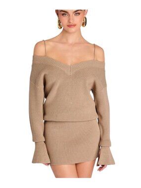 Revolve SER.OYA New Mini Dress Size Medium Desert Tan Off Shoulder Sweater Dress